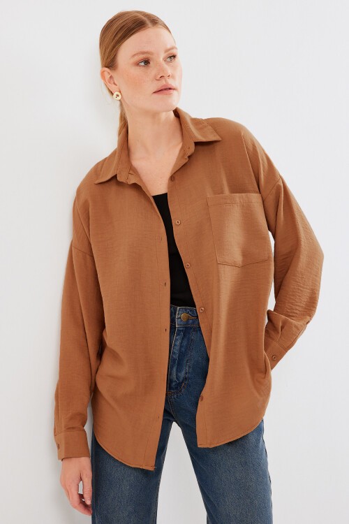 20153 Tek Cepli Oversize Keten Gömlek - A. Kiremit