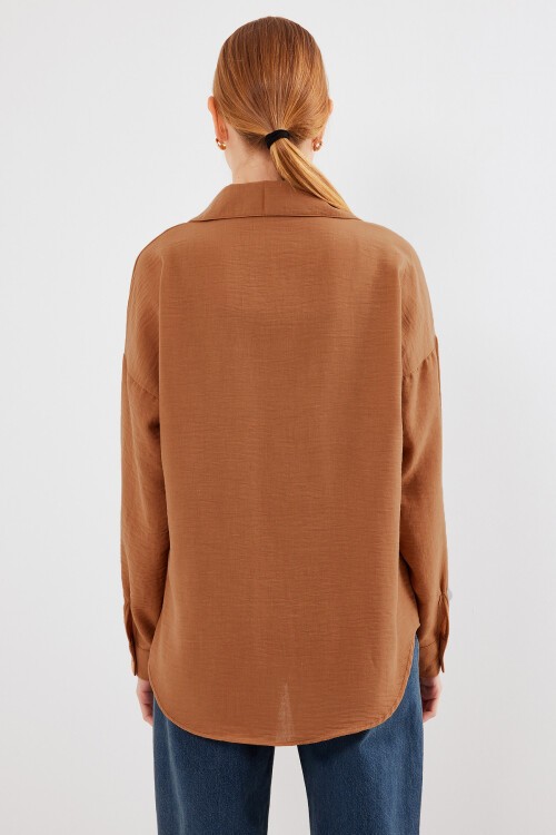 20153 Tek Cepli Oversize Keten Gömlek - A. Kiremit