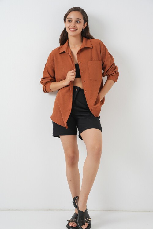 20153 Tek Cepli Oversize Keten Gömlek - A. Kiremit