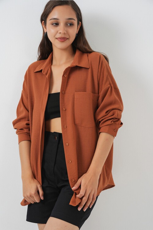 20153 Tek Cepli Oversize Keten Gömlek - A. Kiremit