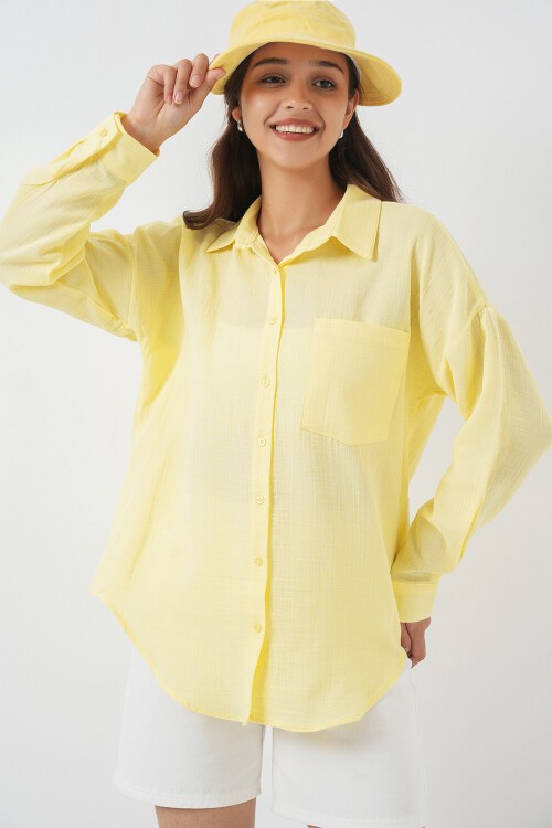 20153 Tek Cepli Oversize Keten Gömlek - Açık Sarı