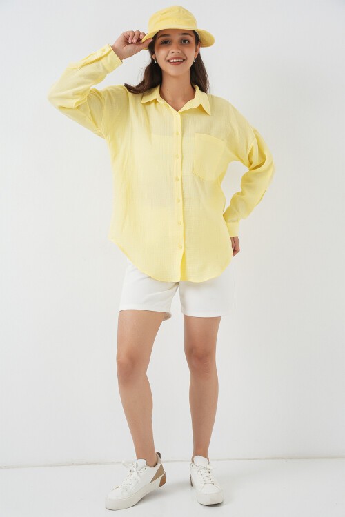 20153 Tek Cepli Oversize Keten Gömlek - Açık Sarı
