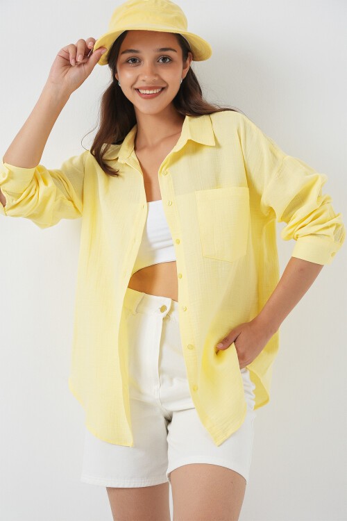 20153 Tek Cepli Oversize Keten Gömlek - Açık Sarı