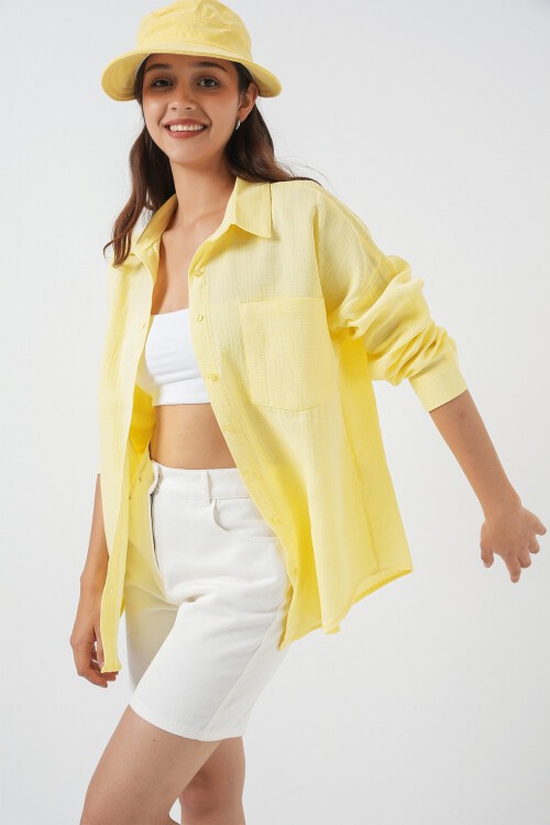 20153 Tek Cepli Oversize Keten Gömlek - Açık Sarı