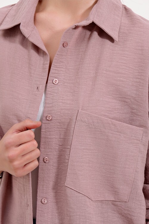20153 Tek Cepli Oversize Keten Gömlek - Gül Kurusu
