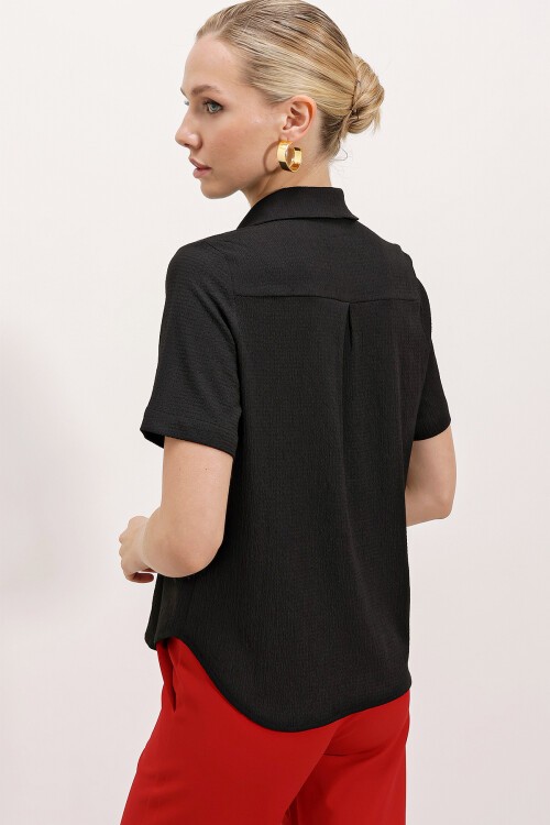 20181 Gold Düğmeli Örme Gömlek - Siyah