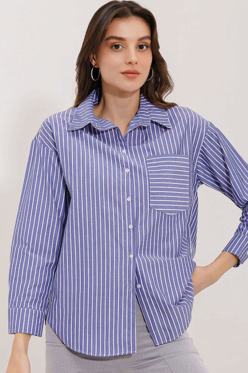 20205 Çizgili Oversize Gömlek - Lacivert