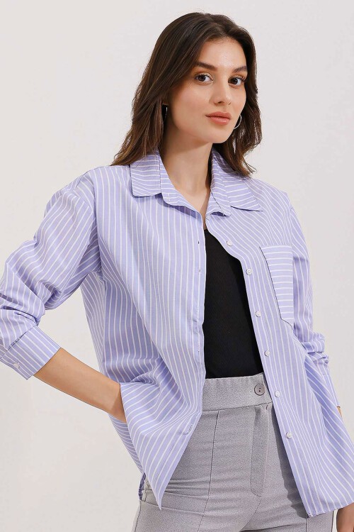 20205 Çizgili Oversize Gömlek - Mavi