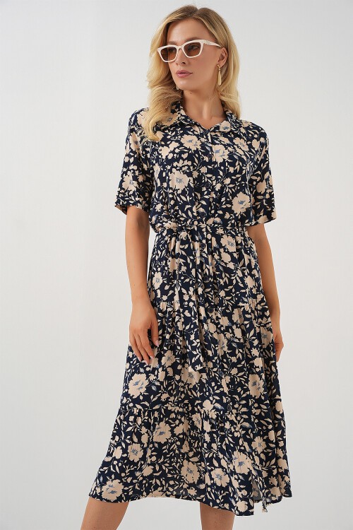 2191 Kısa Kol Desenli Elbise - Lacivert