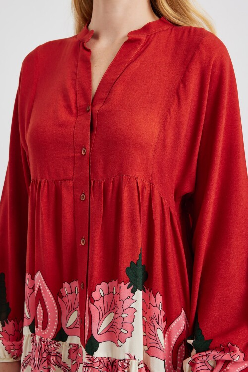 2423 Otantik Desenli Tesettür Elbise - A.Bordo