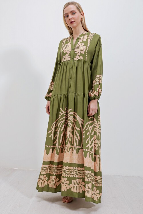 2423 Otantik Desenli Tesettür Elbise - Haki