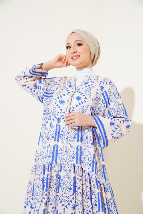 2423 Otantik Desenli Tesettür Elbise - Krem