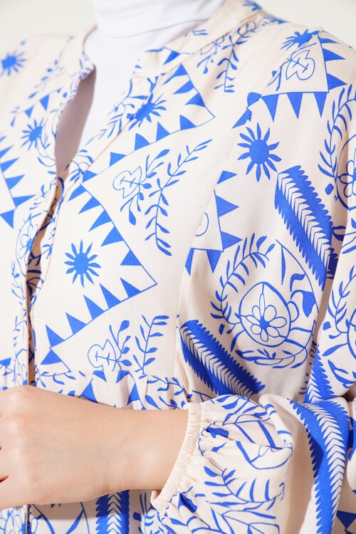 2423 Otantik Desenli Tesettür Elbise - Krem