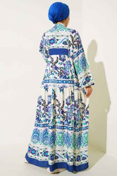 2423 Otantik Desenli Tesettür Elbise - Saks