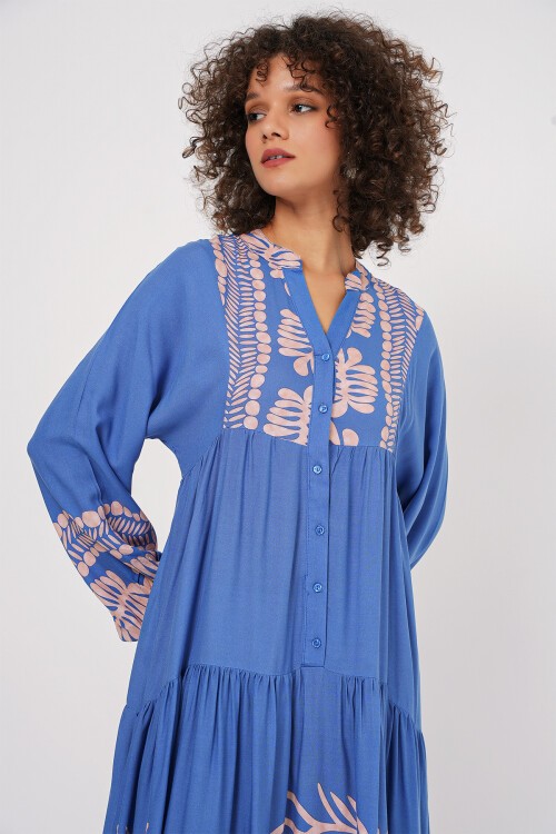 2423 Otantik Desenli Tesettür Elbise - Y.İndigo