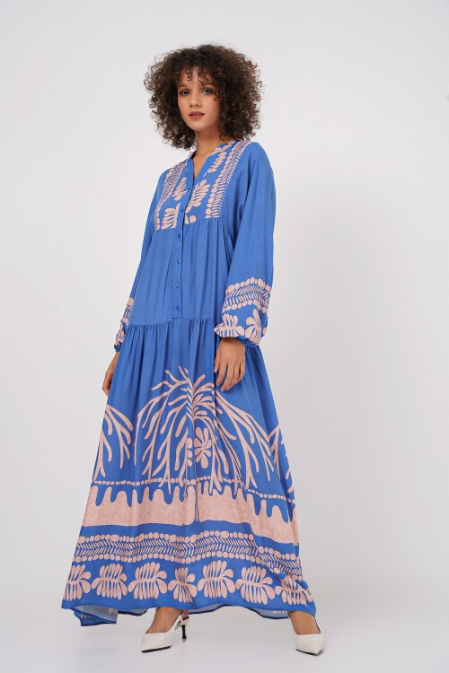 2423 Otantik Desenli Tesettür Elbise - Y.İndigo