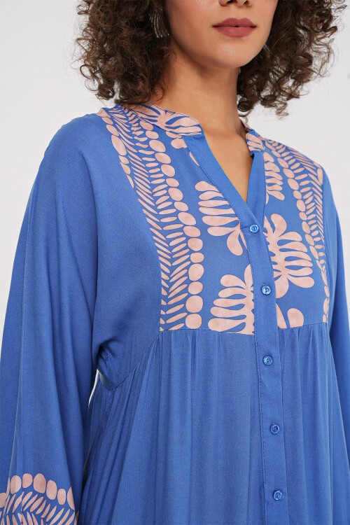 2423 Otantik Desenli Tesettür Elbise - Y.İndigo