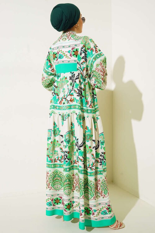 2423 Otantik Desenli Tesettür Elbise - Yeşil