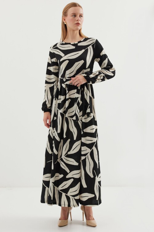 2488 Desenli Uzun Örme Elbise - Siyah - Beyaz 1