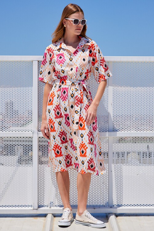 2499 Desenli Viskon Elbise - Ekru