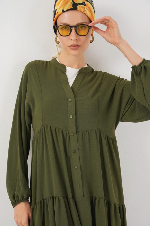 2527 Kadın Uzun Tesettür Elbise - Haki