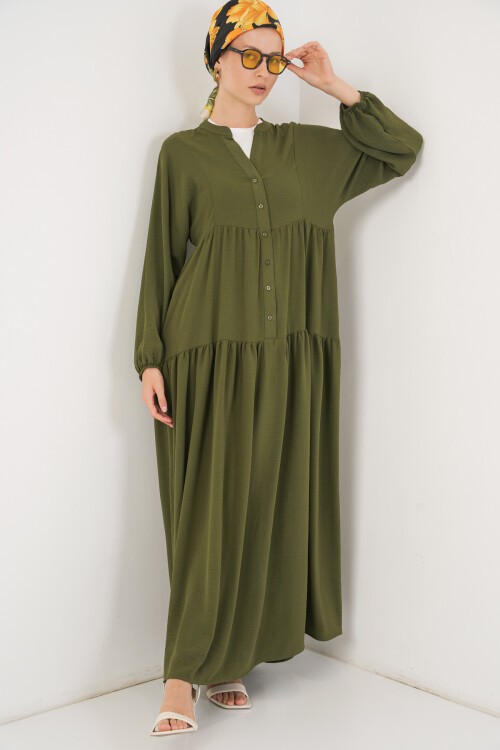 2527 Kadın Uzun Tesettür Elbise - Haki