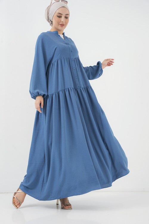 2527 Kadın Uzun Tesettür Elbise - İndigo