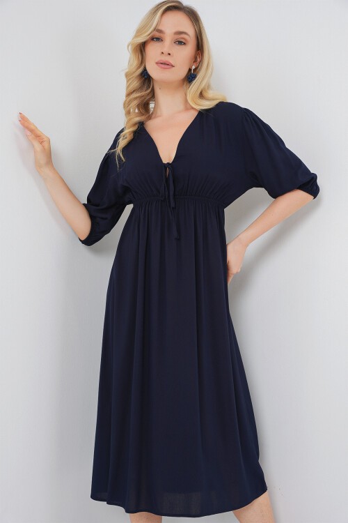 2570 Kadın Beli Büzgülü V Yaka Elbise - Lacivert