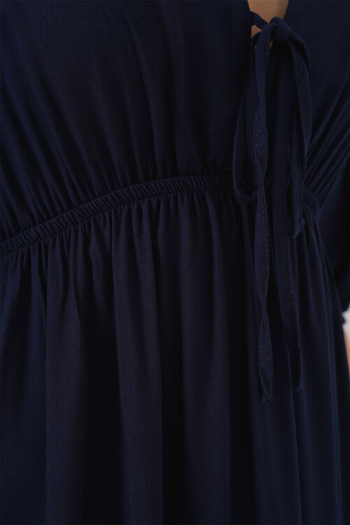 2570 Kadın Beli Büzgülü V Yaka Elbise - Lacivert