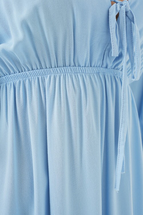 2570 Kadın Beli Büzgülü V Yaka Elbise - Mavi