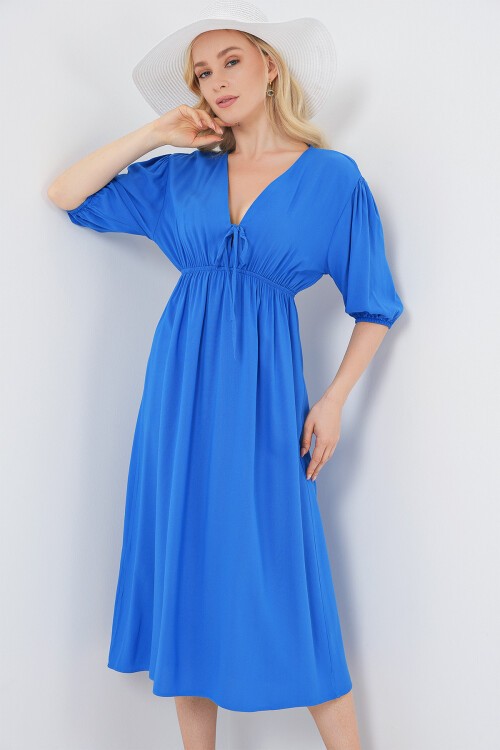 2570 Kadın Beli Büzgülü V Yaka Elbise - Saks