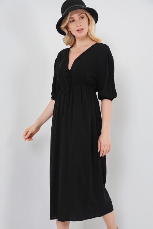 2570 Kadın Beli Büzgülü V Yaka Elbise - Siyah
