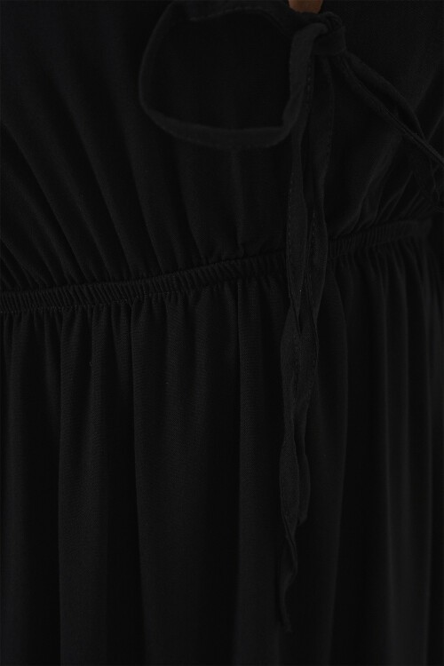 2570 Kadın Beli Büzgülü V Yaka Elbise - Siyah