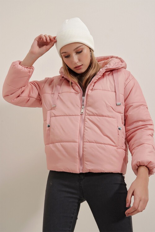 5117 Kapşonlu Şişme Mont - Pudra