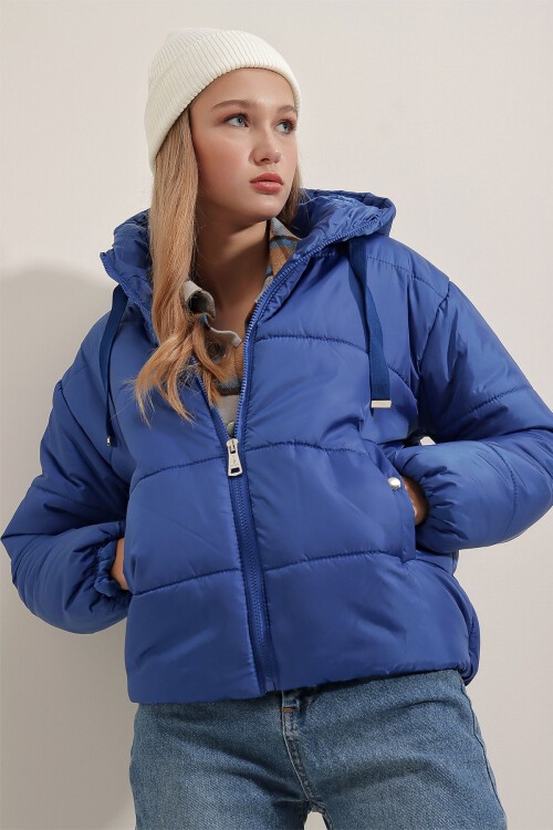 5117 Kapşonlu Şişme Mont - Saks