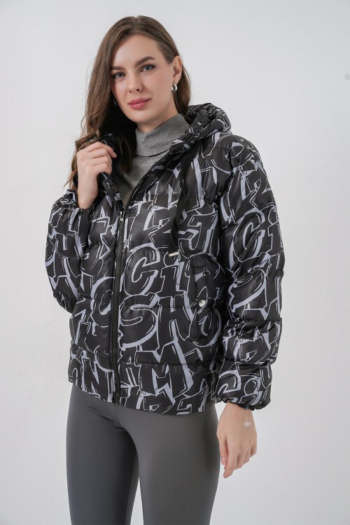 5125 Desenli Şişme Mont - Beyaz