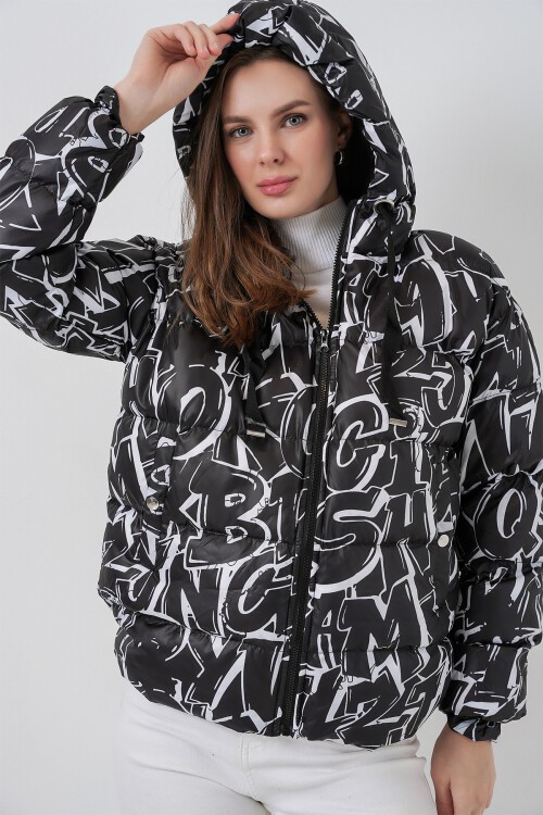 5125 Desenli Şişme Mont - D. Siyah