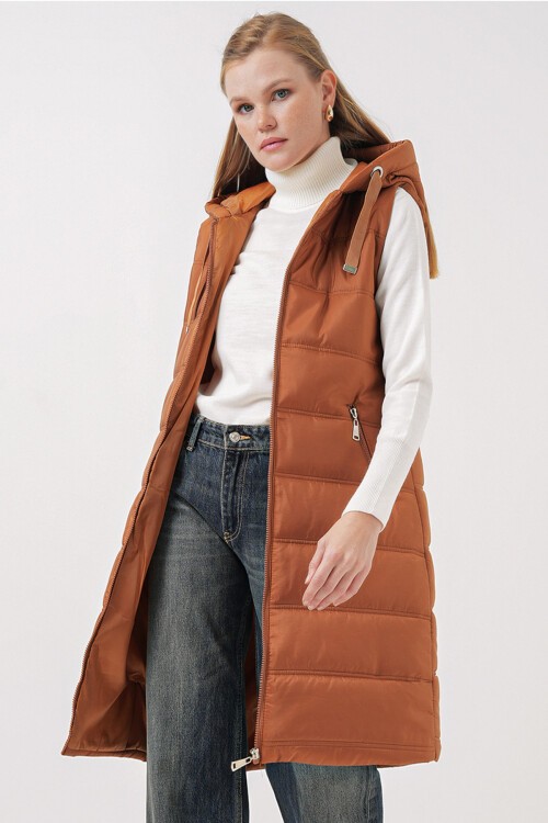 5140 Kapşonlu Uzun Şişme Yelek - Camel