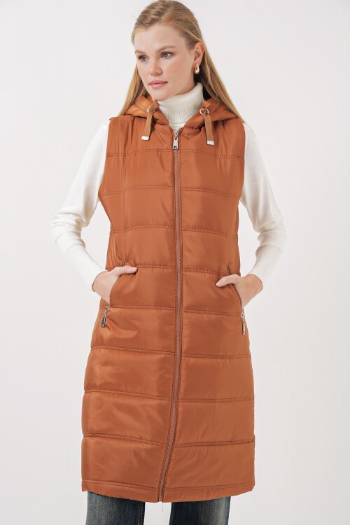 5140 Kapşonlu Uzun Şişme Yelek - Camel