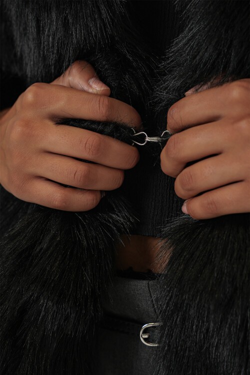 5186 Kruvaze Peluş Kürk Kaban - Siyah