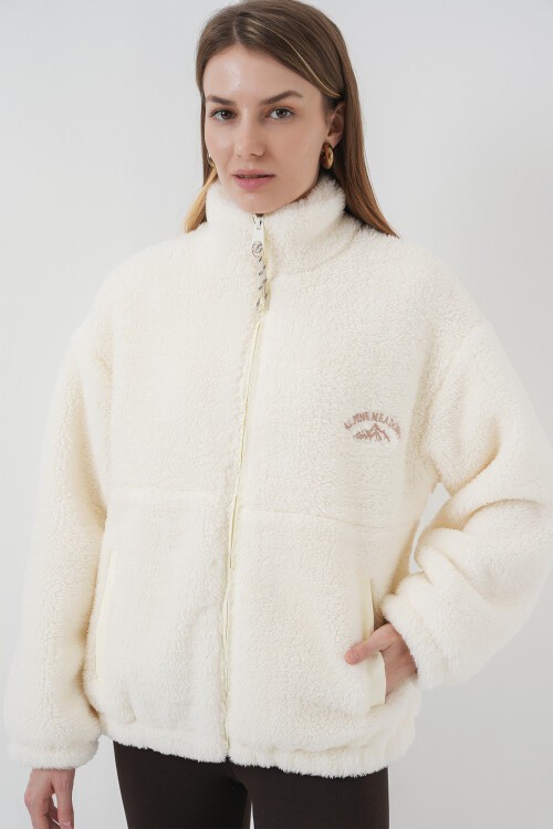 5194 Kadın Peluş Mont Ceket - D.Krem