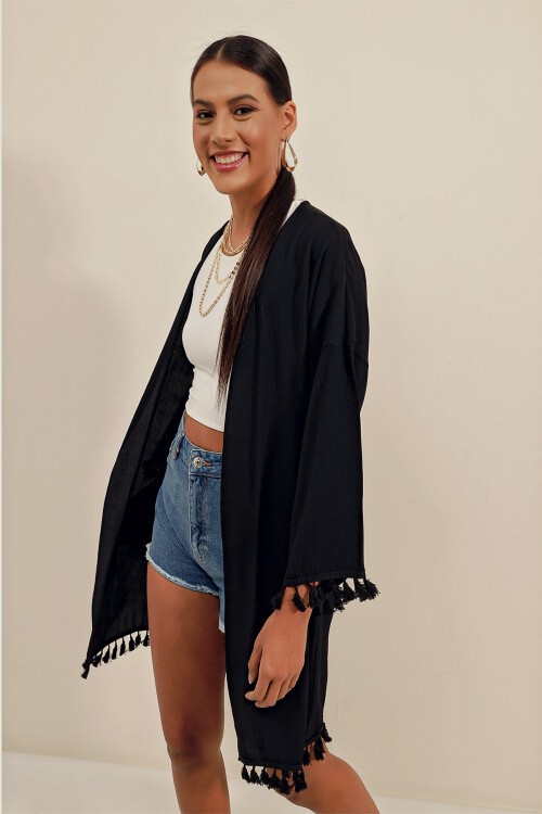 5833 Fırfırlı Kimono - Siyah