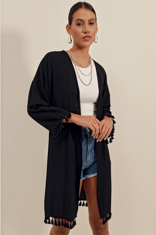 5833 Fırfırlı Kimono - Siyah