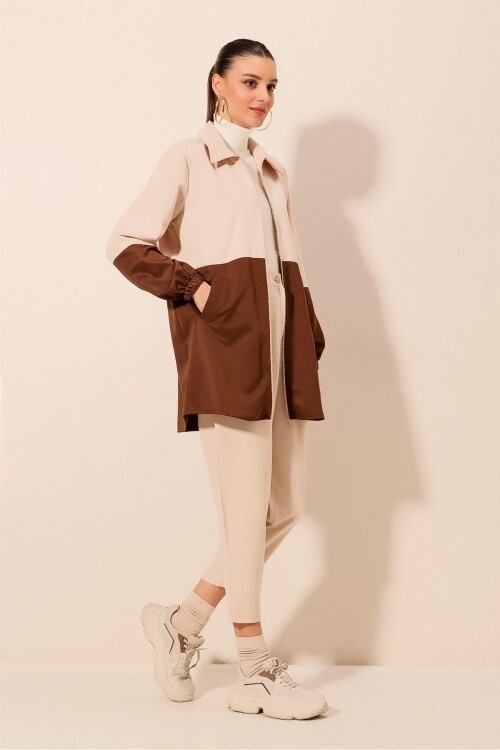 5909 Çift Renkli Mevsimlik Trençkot - Kahverengi