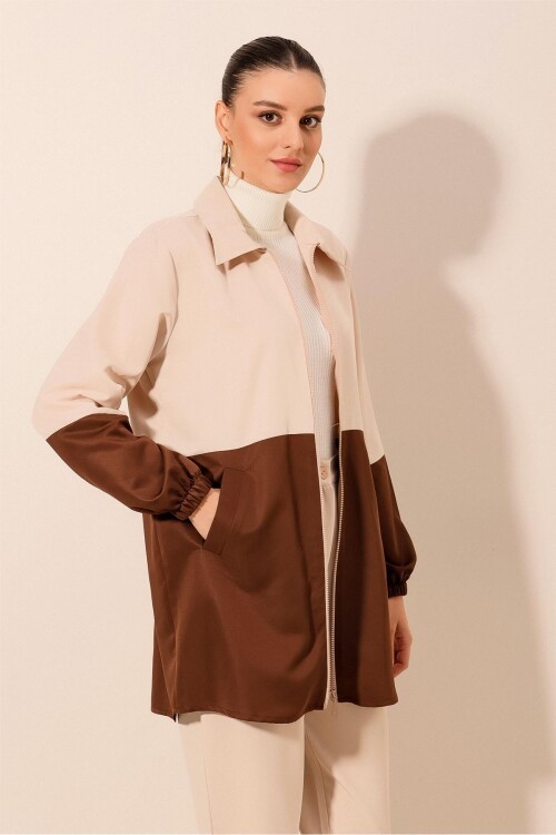 5909 Çift Renkli Mevsimlik Trençkot - Kahverengi