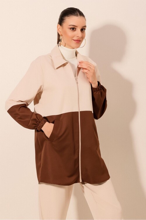 5909 Çift Renkli Mevsimlik Trençkot - Kahverengi