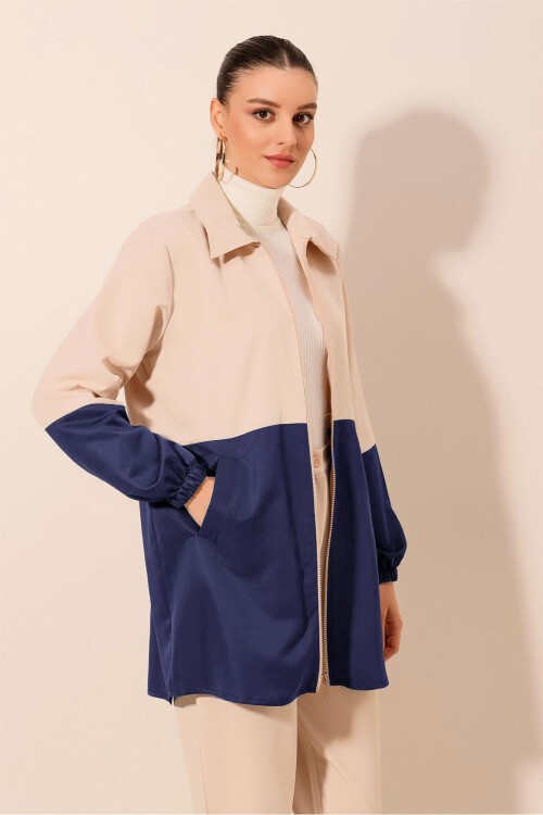 5909 Çift Renkli Mevsimlik Trençkot - Lacivert