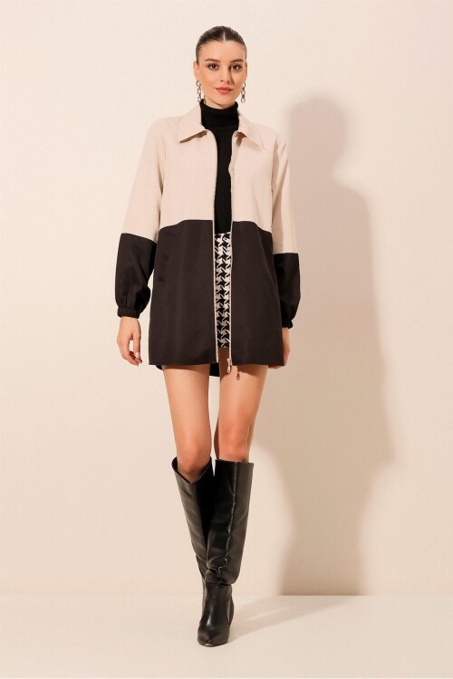 5909 Çift Renkli Mevsimlik Trençkot - Siyah