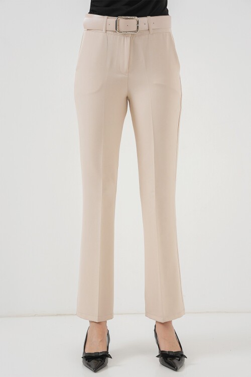 6538 Kemerli İspanyol Paça Pantolon - Krem