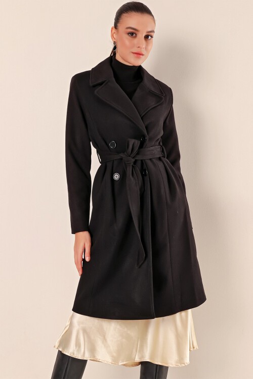 9095 Kruvaze Yaka Kaşe Kaban - Siyah